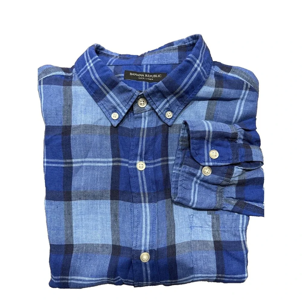 Banana Republic 100% Linen Shirt Blue Plaid Button Down Camden Fit Mens Size L